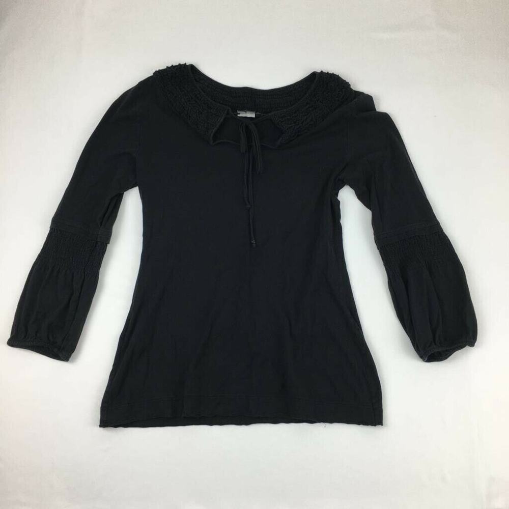 BCBGMAXAZRIA Womens Blouse Black Long Sleeve Smocked Tie 100% Cotton XS